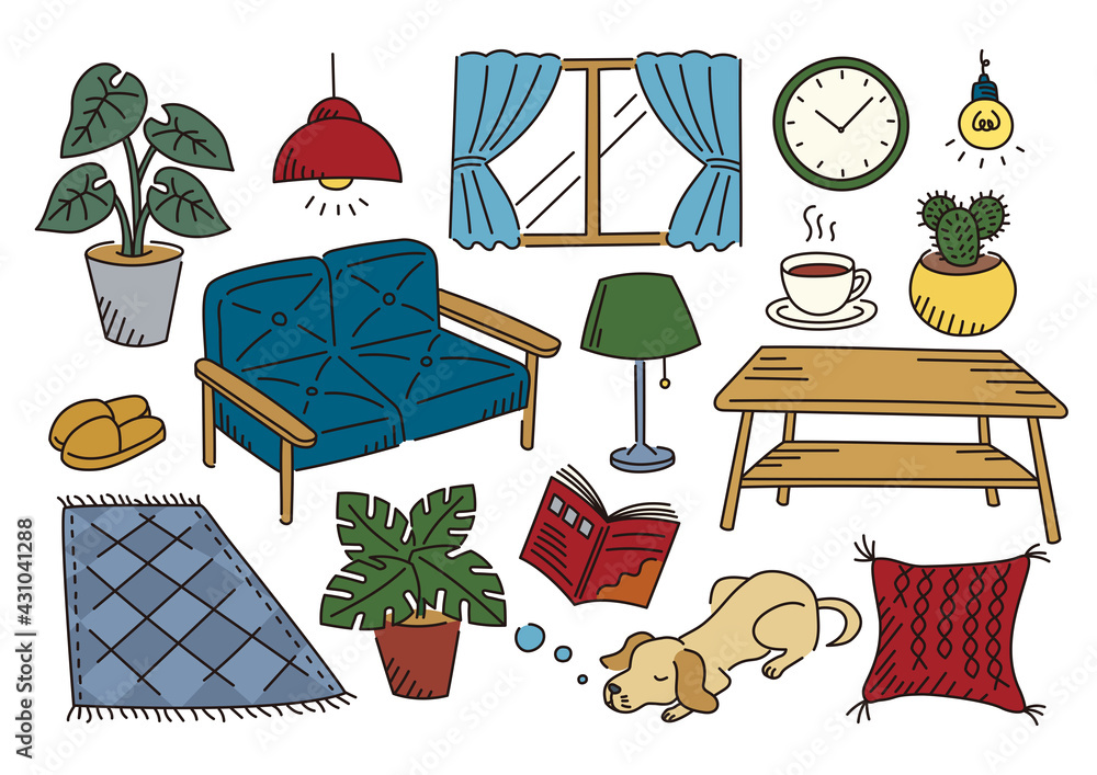部屋のインテリア イラスト素材セット カラー の Stock ベクター 