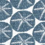 Blue rustic sea urchin block print on a soft white linen texture background. Seamless bright cloth fabric for fresh coastal cottage linocut decor. Modern stylised marin summer beach life animal