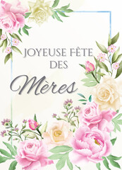 Wall Mural - carte ou bandeau sur joyeuse Fête des Mères en vert dans un rectangle bleu avec des fleurs rose blanche et saumon et des feuilles verte tout autour 