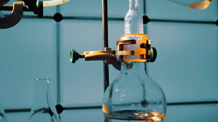 Poster - Synthesis of organic matter in a chemical laboratory. Distillation of liquid by heating the flask