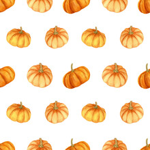 Seamless Pumpkin Pattern. Watercolor Texture With Yellow And Orange Pumpkins For Halloween And Thanksgiving Day Decor