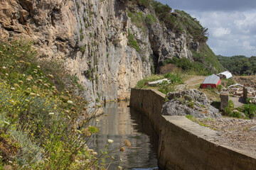 Wall Mural - Ancient canal dug into the rock by the Etruscans. Ancient canal with murky water in the middle of the vegetation. Tagliata Etrusca, Ansedonia, Italy.