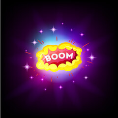 Boom white comic text speech bubble explosion in space. Colored pop art style sound effect. Halftone vector illustration banner. Vintage comics book poster.