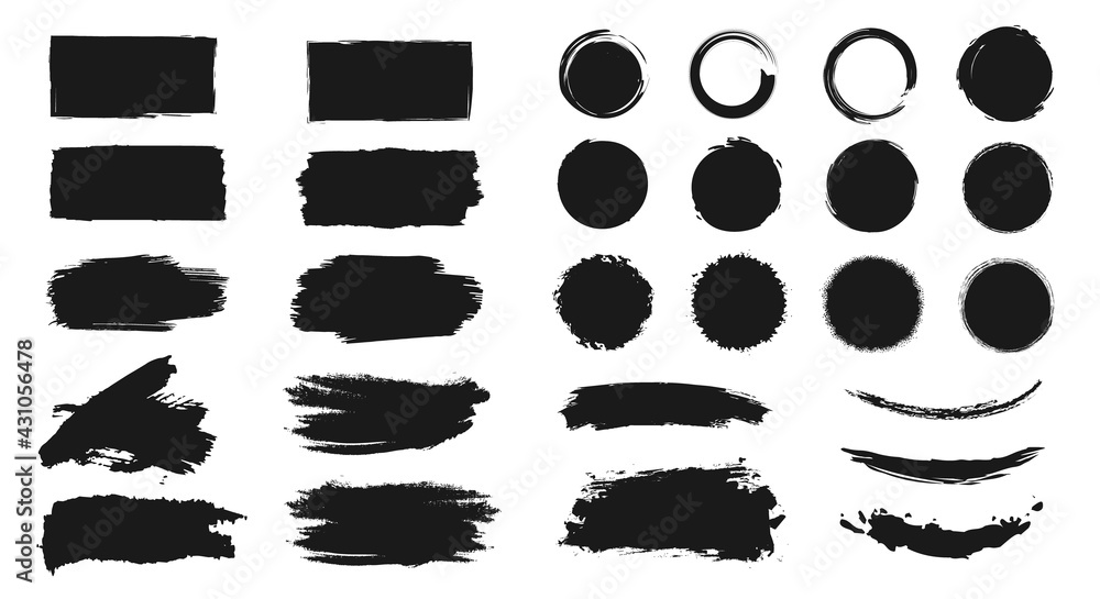 Abstract grunge paint brush stroke set. Graphic element design with ink splatter or splash, circle, line and frame. Creative vector shape or background art illustration template.      - obrazy, fototapety, plakaty 