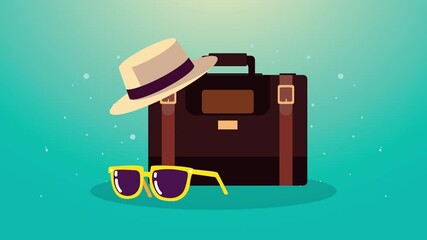 Poster - summer time animation with hat and sunglasses in suitcase