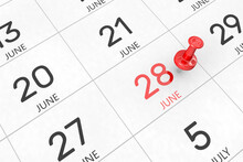 3d Rendering Of Important Days Concept. June 28th. Day 28 Of Month. Red Date Written And Pinned On A Calendar. Summer Month, Day Of The Year. Remind You An Important Event Or Possibility.