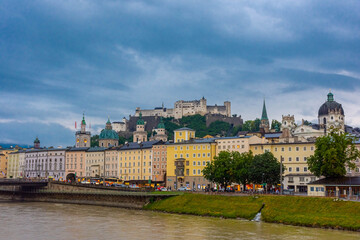 SALZBURG, AUSTRIA, 2 AUGUST 2020: Beautiful landscape of the Salzburg Castle and the Salzach River