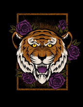 Illustration Vector Tiger Head With Rose Flower