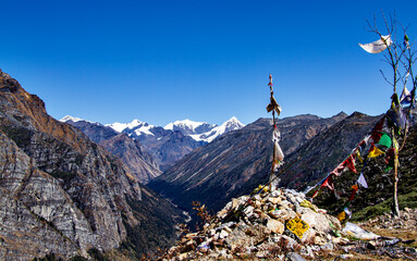 Wall Mural - landscape in the mountains with prayer flags 