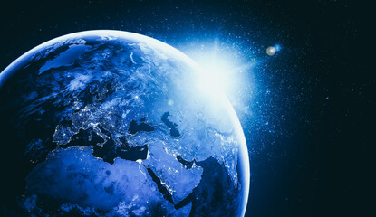 Wall Mural - Planet earth globe view from space showing realistic earth surface and world map as in outer space point of view . Elements of this image furnished by NASA planet earth from space photos.