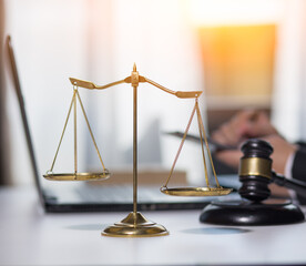 Male lawyer or judge wearing protective mask on the consult having team meeting with client, Law and Legal services concept