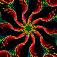 Wall Mural - Abstract kaleidoscopic pattern of rolled color paper sheets on black background