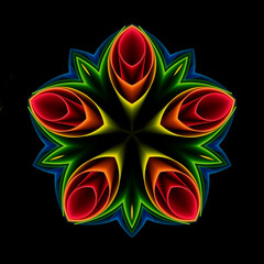 Wall Mural - Abstract kaleidoscopic pattern of rolled color paper sheets on black background