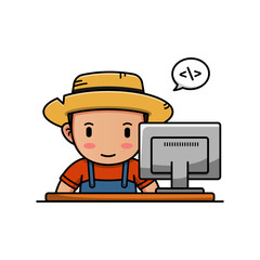 Wall Mural - Cute farmer working in front of his computer