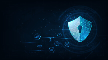 Fototapete - Cyber security for data in computer.Security shield icon digital display over on dark blue background.Data protection, privacy, and internet security concept. 