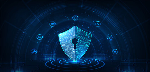 Fototapete - Protection from hacker and virus attack. Security shield icon digital display over on dark blue background.Technology for online data access defense against hacker and virus.Internet security concept.