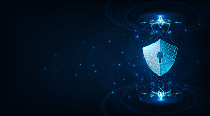 Fototapete - System Security concept.Security shield icon digital display over on dark blue background.Technology for online data access defense against hacker and virus.