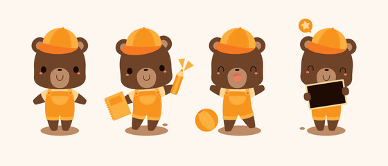 Collection of cute brown bear wearing orange overalls and cap, as student, cartoon characters. Back to school concept. Flat vector illustration.