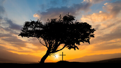 The view on the tomb cross on the beautiful sunset sky background