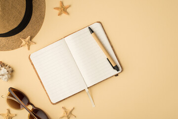 Top view photo of hat sunglasses pen diary seashell and starfishes on isolated beige background with copyspace