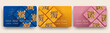 © paul_craft - Gift card or gift certificate or voucher or discount card design template with set of three different color cards with top view gift boxes and golden bows. Realistic vector illustration.