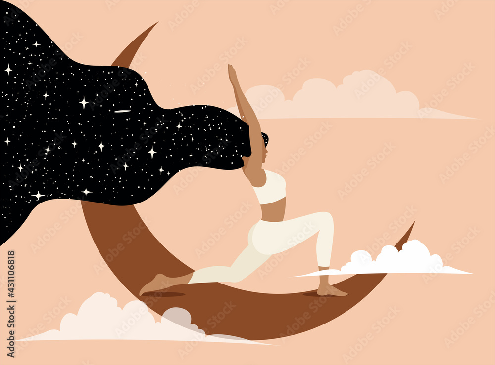 Woman doing yoga on the Moon. Conceptual illustration for yoga class promotion banner or poster or social network promotion. Trendy pastel colored vector illustration. - obrazy, fototapety, plakaty 