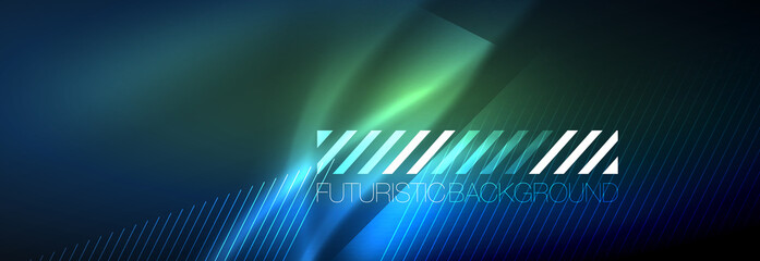 Neon glowing lines, magic energy and light motion background. Vector wallpaper template