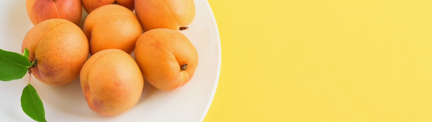 Wall Mural - Pile of apricots in a white plate on yellow background with copy space banner