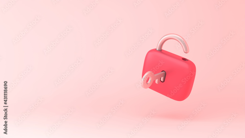 Lock icon with key simple 3d illustration on pastel abstract background ...