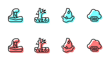 Set line Glacier melting, Tsunami, Withered tree and CO2 emissions cloud icon. Vector