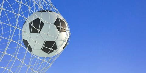 Wall Mural - Soccer football. Soccer ball  in goal net on blue background. 3d illustration