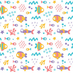 Marine seamless vector cute pattern with fishes and algae