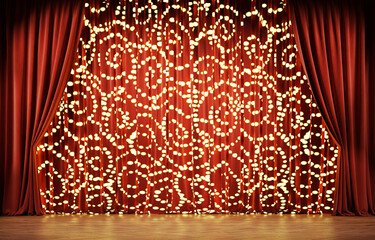 Wall Mural - empty theater stage with red velvet curtains and decorative lights. 3d illustration
