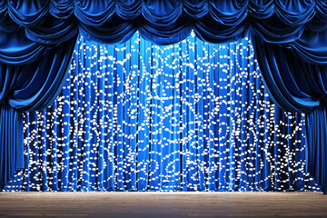 Wall Mural - empty theater stage with blue velvet curtains and decorative lights. 3d illustration