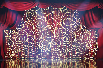 Wall Mural - theater stage with red velvet curtains and decorative lights. 3d illustration