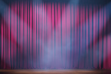 Wall Mural - volume lights and smoke on the theater stage with red velvet curtains. 3d illustration