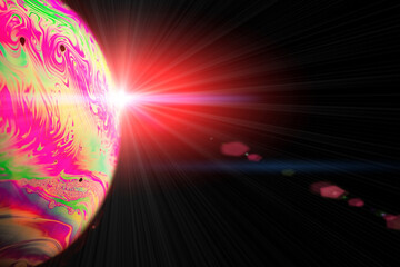 Wall Mural - Abstract background planet. Globe planet earth in galaxy universe space with sun on black background. Abstract colorful soap bubble.