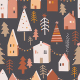 Cute decorated Christmas tree forest house party garland vector seamless pattern. Whimsy holly Xmas abstract modern hygge festive background. Seasonal winter holidays geometric graphic design