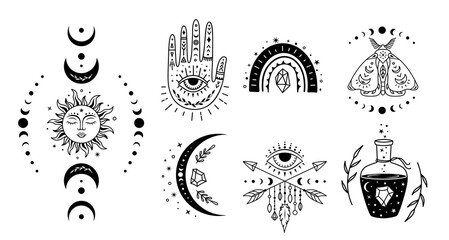 Wall Mural - mystical witchcraft symbol set. vector boho silhouette design. magic monochrome illustration. esoter