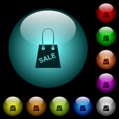 Sticker - Shopping bag with sale text icons in color illuminated glass buttons