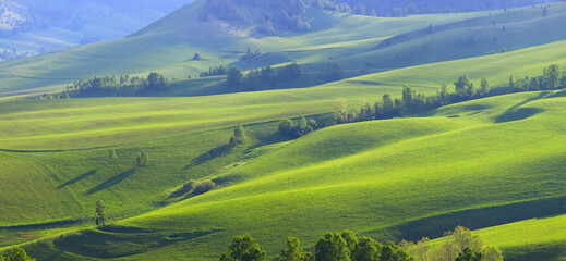 Spring view, green meadows and fields on the mountain slopes, rural landscape