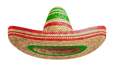 Realistic Summer Straw Wicker Hat like Mexican Sombrero in Front View