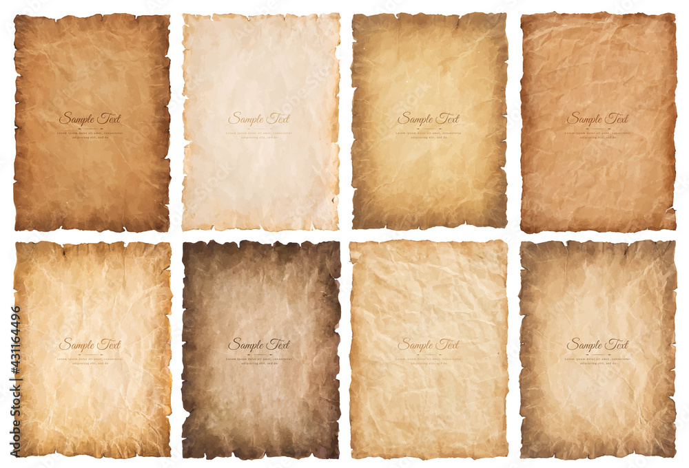 collection set old parchment paper sheet vintage aged or texture isolated on white background. - obrazy, fototapety, plakaty 