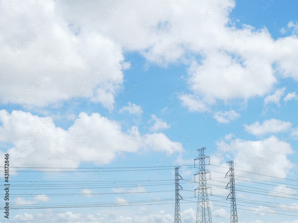 blue sky and white cloud with high voltage transmission towers and ...