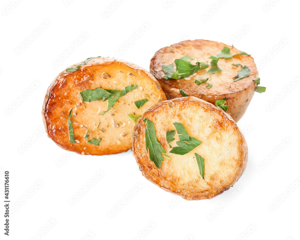 Tasty baked potatoes with parsley on white background
