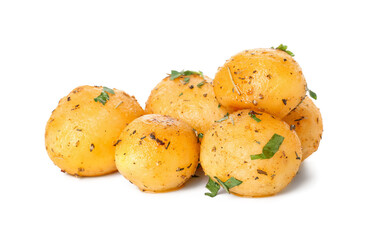 Tasty baked potatoes with parsley on white background