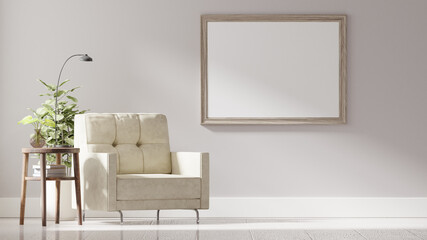 Wall Mural - Modern vintage interior of living room, A blank frame on a white wall, 3D Rendering