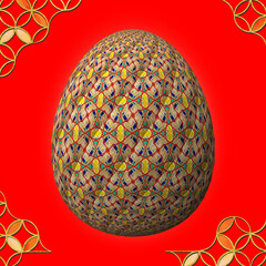 Happy Easter, Artfully designed and colorful 3D easter egg, 3D illustration on red background with frame