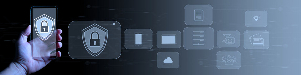 Leinwandbilder - internet, Cyber, firewall security concept,Businessman working with smart phone for Data protection, information safety and encryption, secured access to user personal data.