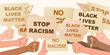 © TonzTonz - Black lives matter, crowd of people protesting for their rights. Holding posters in hands, no racism banner. Hand holding protest poster. Freedom, protest.Concept revolution and demonstration.